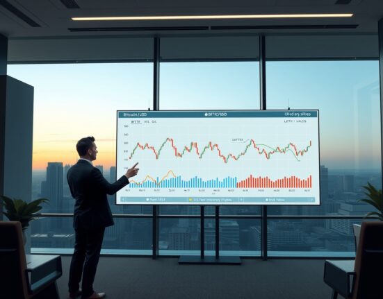 Financial analyst examines Bitcoin price correlation with oil and bond yield charts.