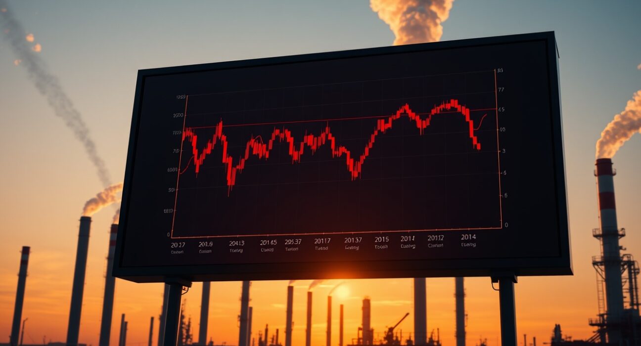 Bitcoin price chart declining against backdrop of an oil refinery at dusk