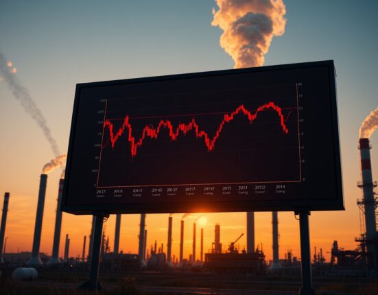 Bitcoin price chart declining against backdrop of an oil refinery at dusk