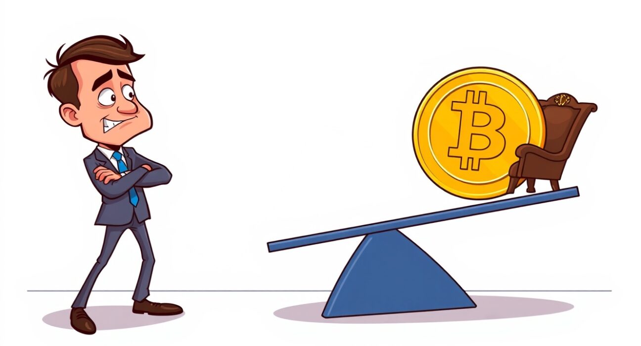 Cartoon illustration showing Bitcoin price stability despite Federal Reserve interest rate speculation.