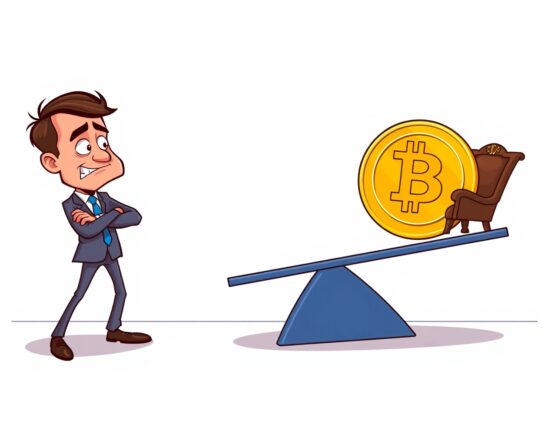 Cartoon illustration showing Bitcoin price stability despite Federal Reserve interest rate speculation.