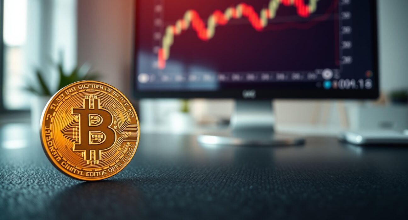 Bitcoin coin resting on a desk with a blurred chart monitor in the background