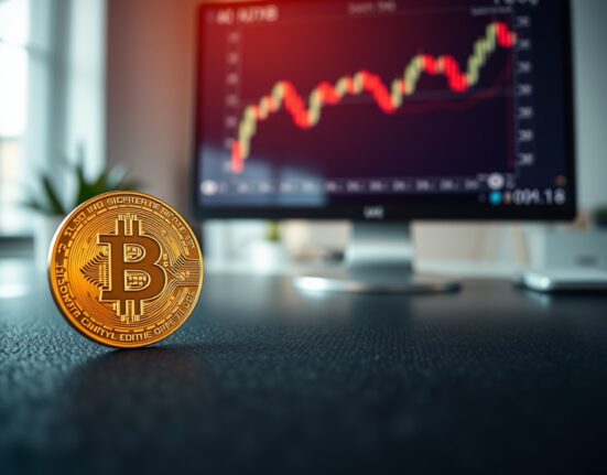 Bitcoin coin resting on a desk with a blurred chart monitor in the background