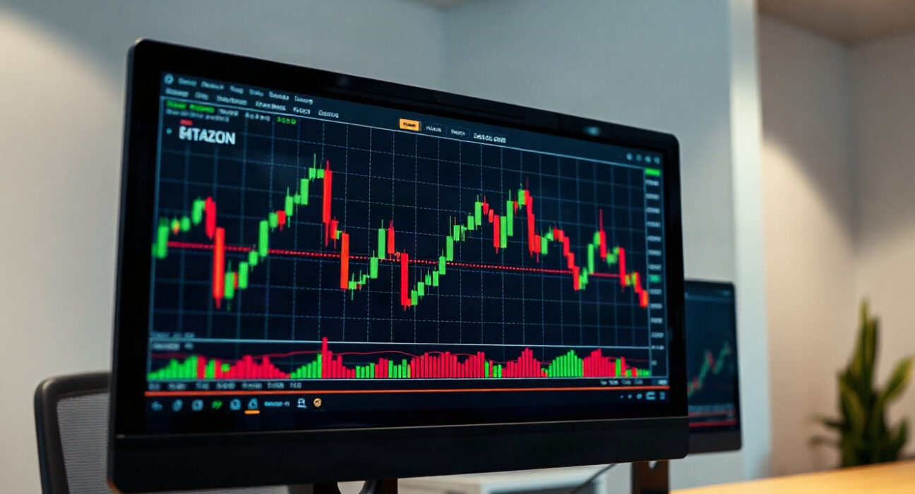 Analyst reviewing Bitcoin price charts on a monitor in a modern trading office
