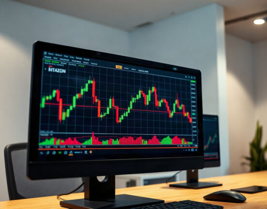 Analyst reviewing Bitcoin price charts on a monitor in a modern trading office