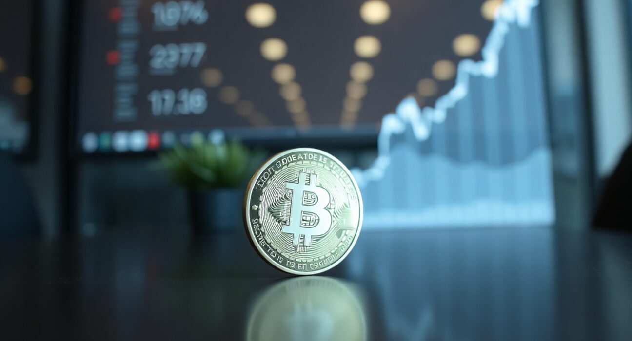 Bitcoin coin on reflective surface with subtle upward chart in background, representing market optimism.