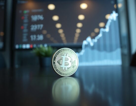 Bitcoin coin on reflective surface with subtle upward chart in background, representing market optimism.