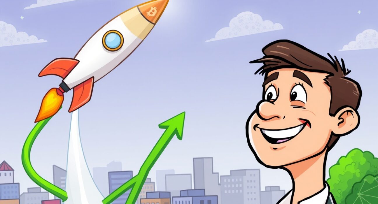 A cartoon investor optimistically watches the Bitcoin price rocket upwards, symbolizing strong market growth and future potential.