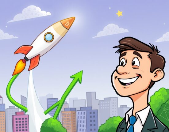A cartoon investor optimistically watches the Bitcoin price rocket upwards, symbolizing strong market growth and future potential.