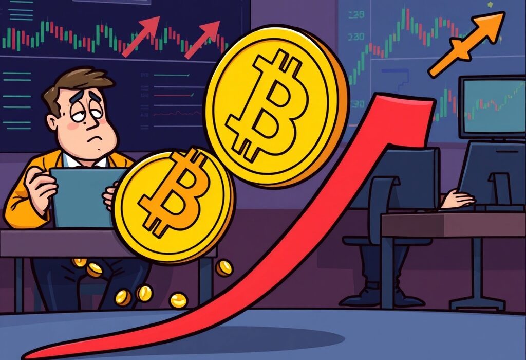 A cartoon Bitcoin symbol showing a decline, illustrating the recent Bitcoin price drop and market volatility.