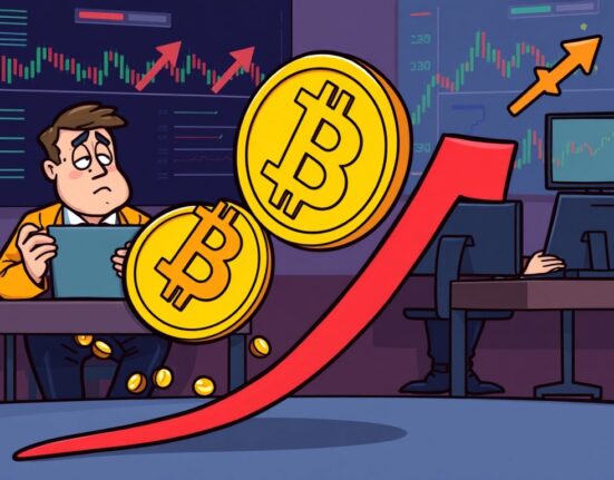 A cartoon illustration showing the Bitcoin price falling on a chart, symbolizing the recent Bitcoin price drop and market volatility.