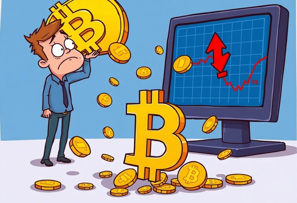 A cartoon illustration showing the Bitcoin price falling, representing market volatility and a significant drop in value.