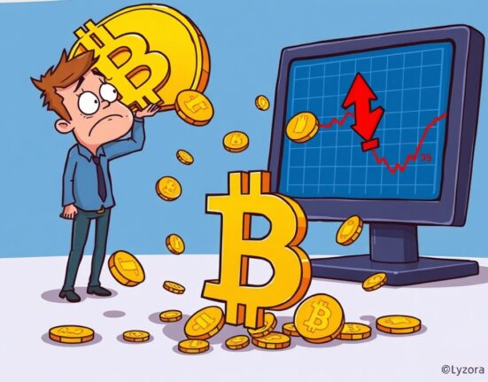 A cartoon illustration showing the Bitcoin price falling, representing market volatility and a significant drop in value.