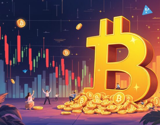 Cartoon illustration showing a Bitcoin price chart dropping sharply, symbolizing a significant market decline and investor reactions.