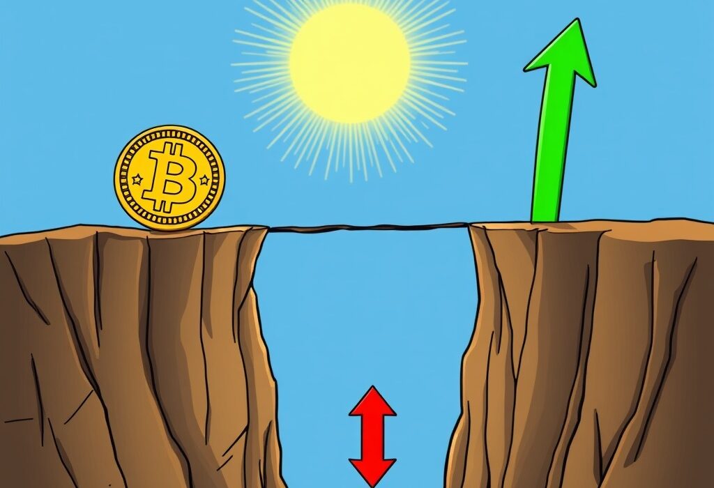 A cartoon Bitcoin coin at a critical crossroads, illustrating the urgent Bitcoin price prediction to reclaim $114K to avoid a deep correction.