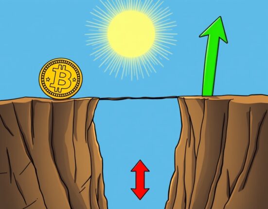 A cartoon Bitcoin coin at a critical crossroads, illustrating the urgent Bitcoin price prediction to reclaim $114K to avoid a deep correction.