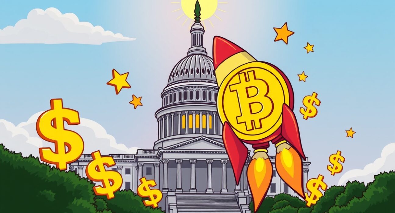 Bitcoin price prediction showing rocket-shaped cryptocurrency launching from US Capitol building