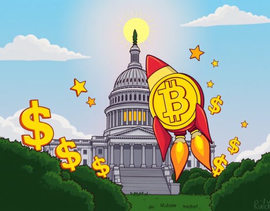Bitcoin price prediction showing rocket-shaped cryptocurrency launching from US Capitol building