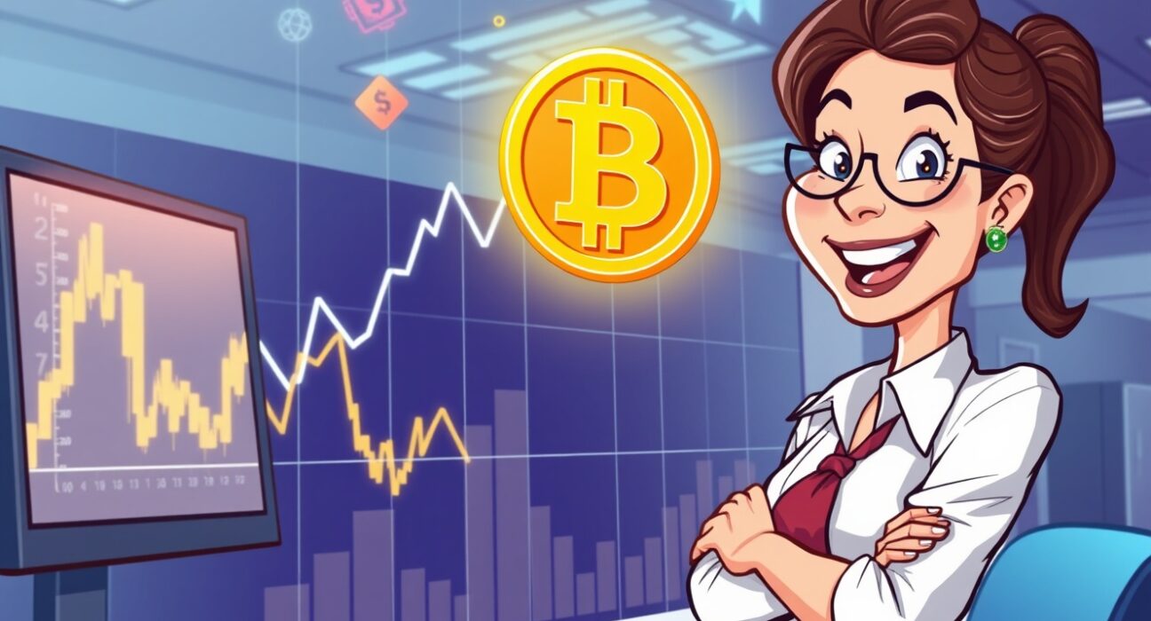 Cartoon illustration of a confident analyst presenting a bold Bitcoin price prediction on a futuristic chart.