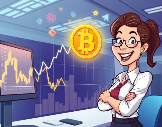Cartoon illustration of a confident analyst presenting a bold Bitcoin price prediction on a futuristic chart.