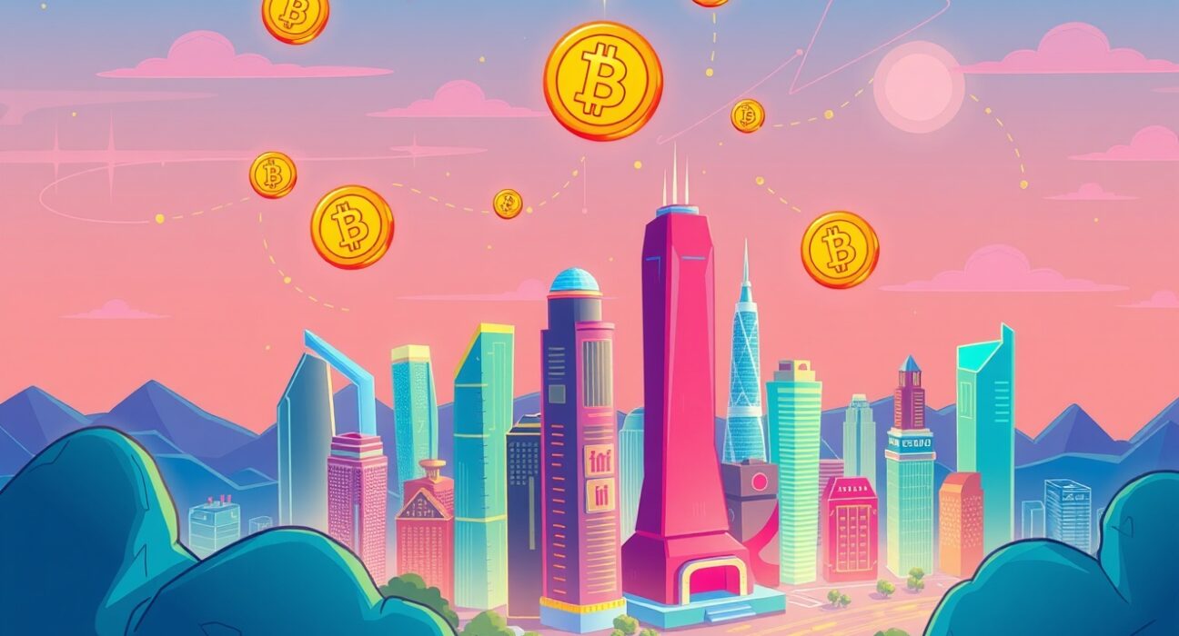 Illustration of Bitcoin price prediction showing digital growth and tokenized asset expansion in a futuristic city.