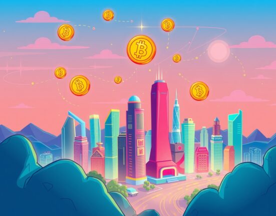 Illustration of Bitcoin price prediction showing digital growth and tokenized asset expansion in a futuristic city.