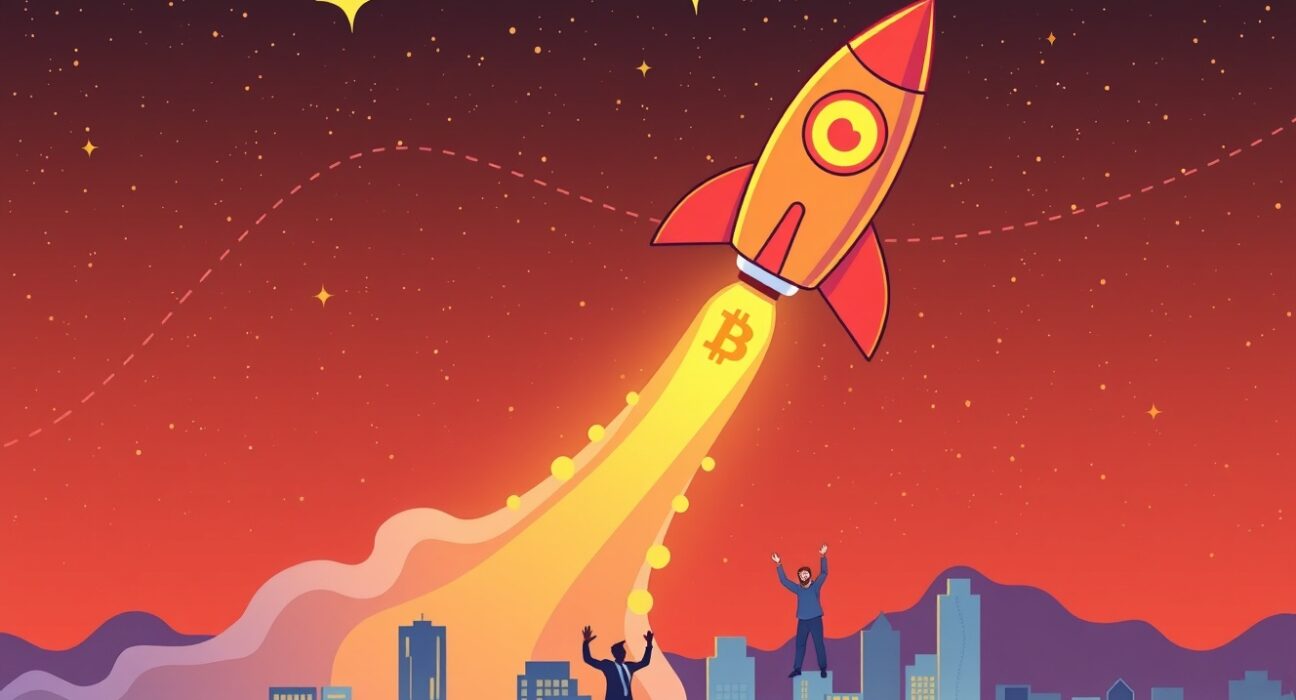 A cartoon rocket shaped like Bitcoin soaring past a $180K price target on a vibrant graph.