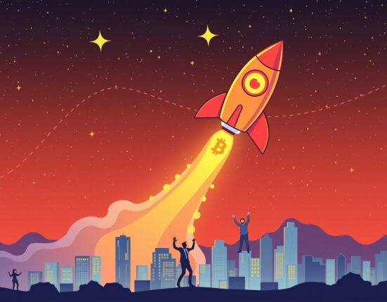 A cartoon rocket shaped like Bitcoin soaring past a $180K price target on a vibrant graph.