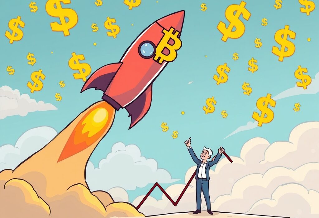 A cartoon illustration showing a Bitcoin rocket soaring towards a high target, symbolizing an optimistic Bitcoin price prediction.