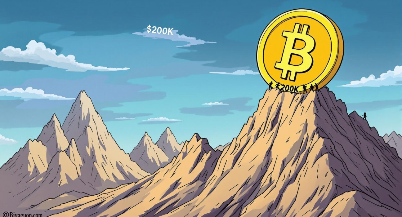 A cartoon illustration depicting a large Bitcoin coin struggling to ascend a $200K mountain, symbolizing the challenging Bitcoin price prediction.