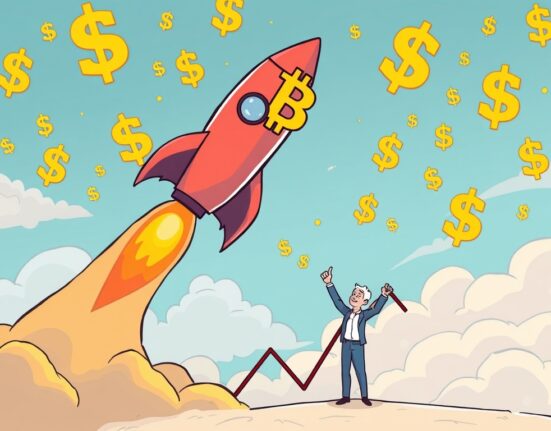 A cartoon illustration depicting a large Bitcoin coin struggling to ascend a $200K mountain, symbolizing the challenging Bitcoin price prediction.