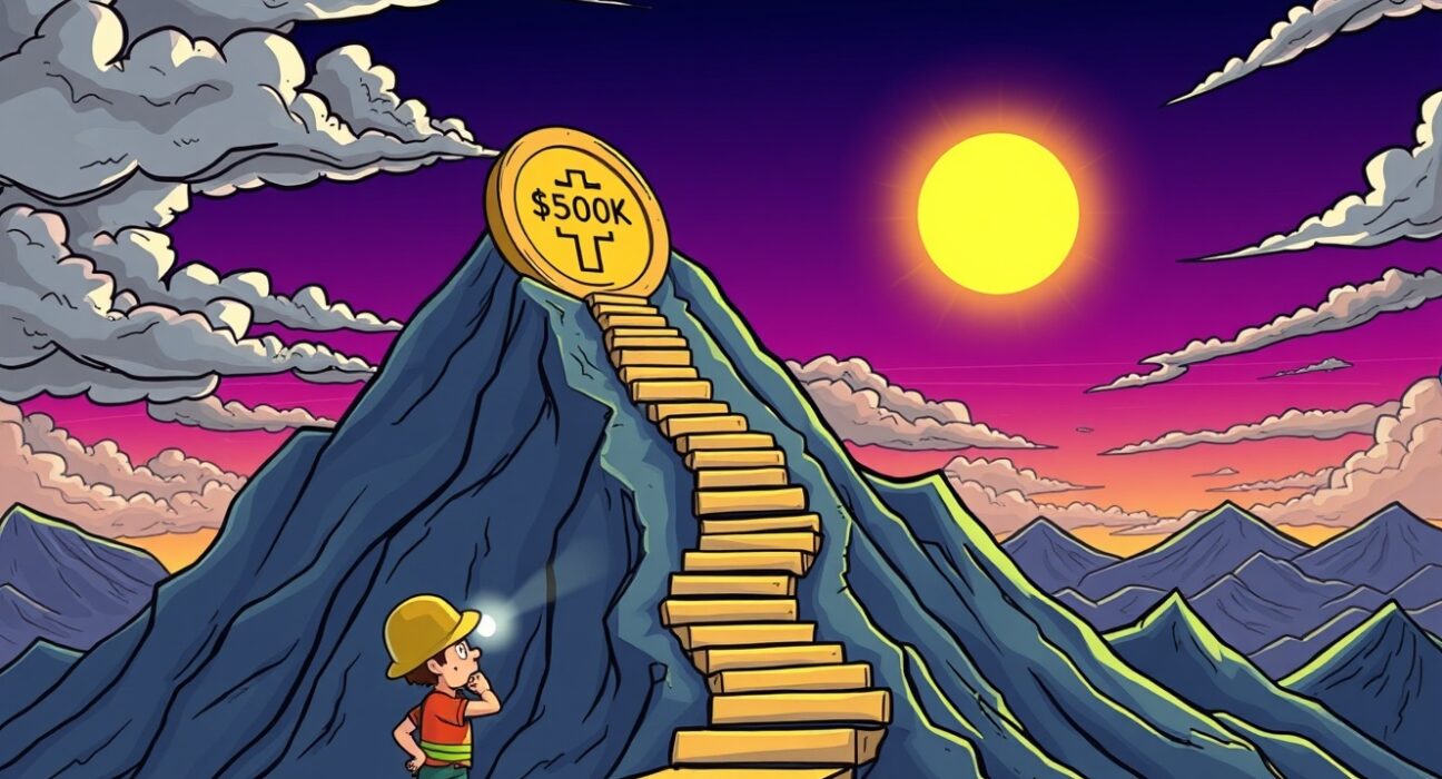 A cartoon miner looks up a path on a Bitcoin mountain toward a $150K peak, symbolizing the Bitcoin price prediction journey.