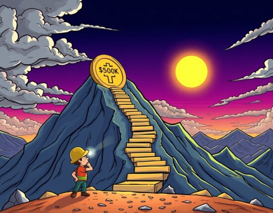 A cartoon miner looks up a path on a Bitcoin mountain toward a $150K peak, symbolizing the Bitcoin price prediction journey.