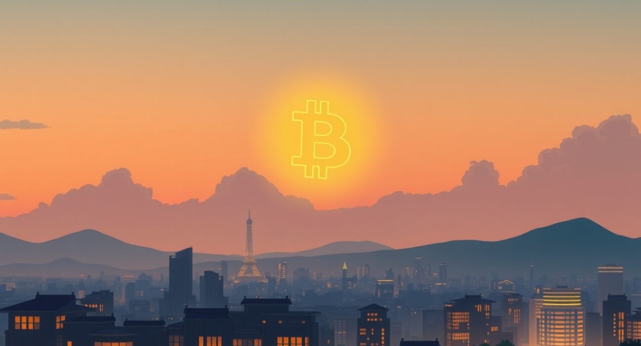 A conceptual illustration of Bitcoin's potential future growth and integration into a digital society.