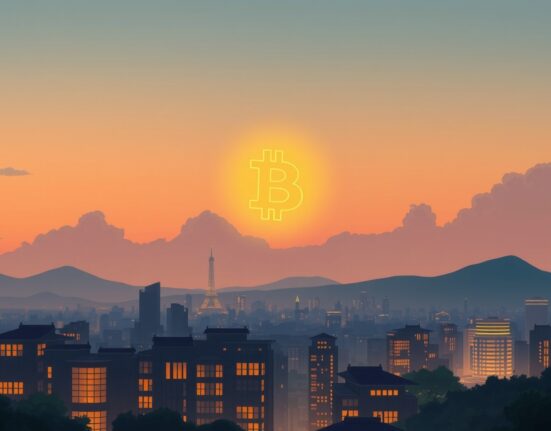 A conceptual illustration of Bitcoin's potential future growth and integration into a digital society.