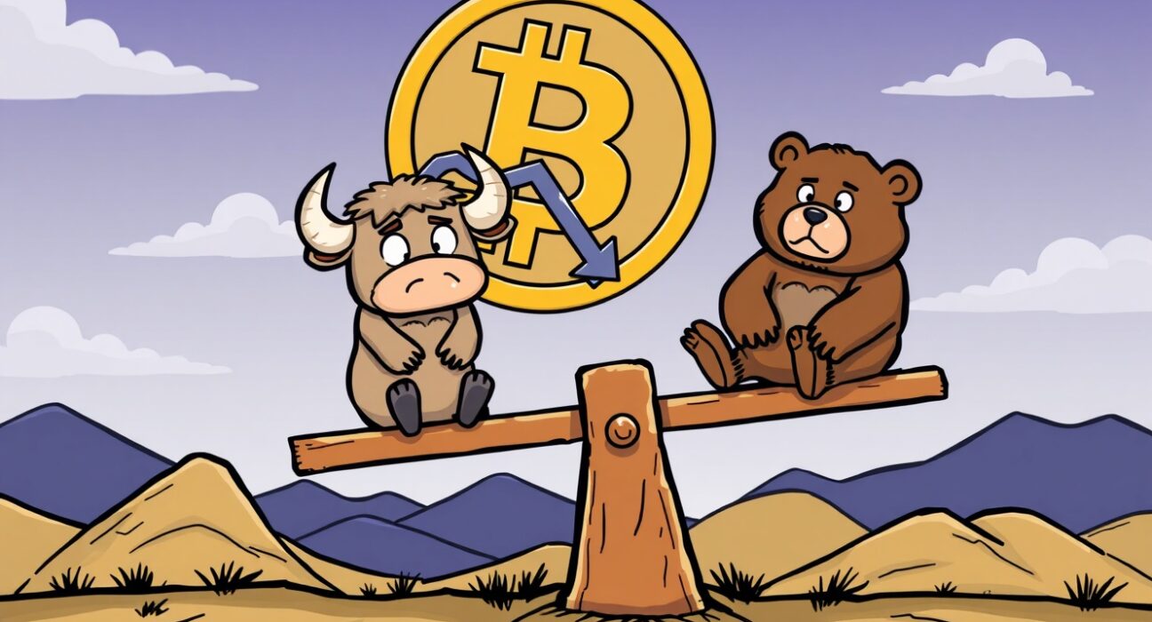 A cartoon illustration depicting a tense market scenario for the Bitcoin price prediction, with bulls and bears in conflict.