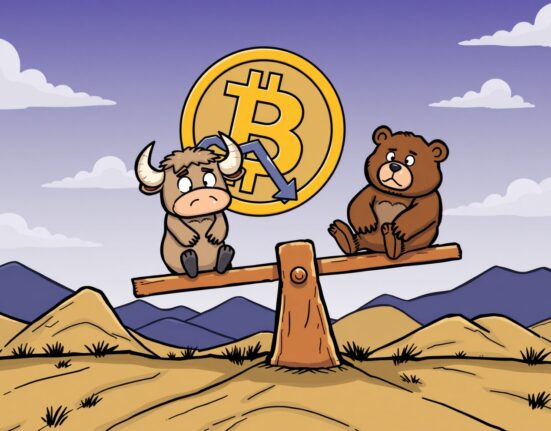 A cartoon illustration depicting a tense market scenario for the Bitcoin price prediction, with bulls and bears in conflict.