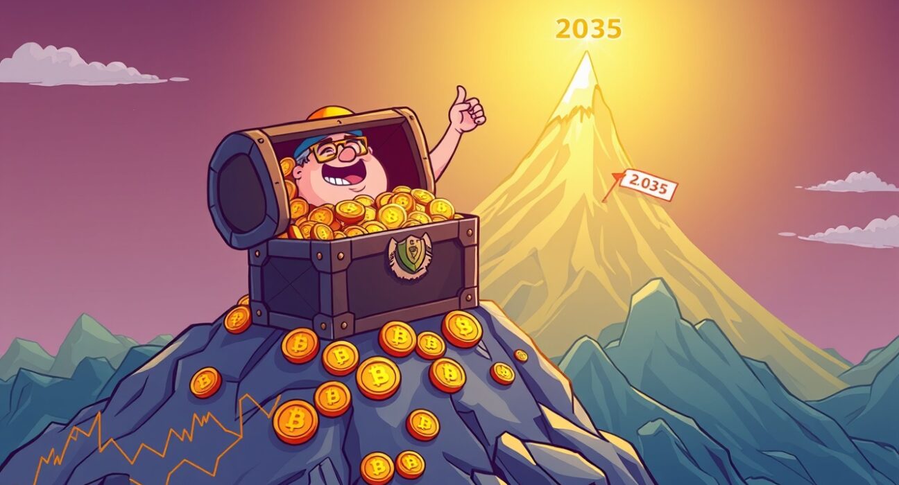 An optimistic cartoon illustration of a Bitcoin price prediction showing a path to future wealth.