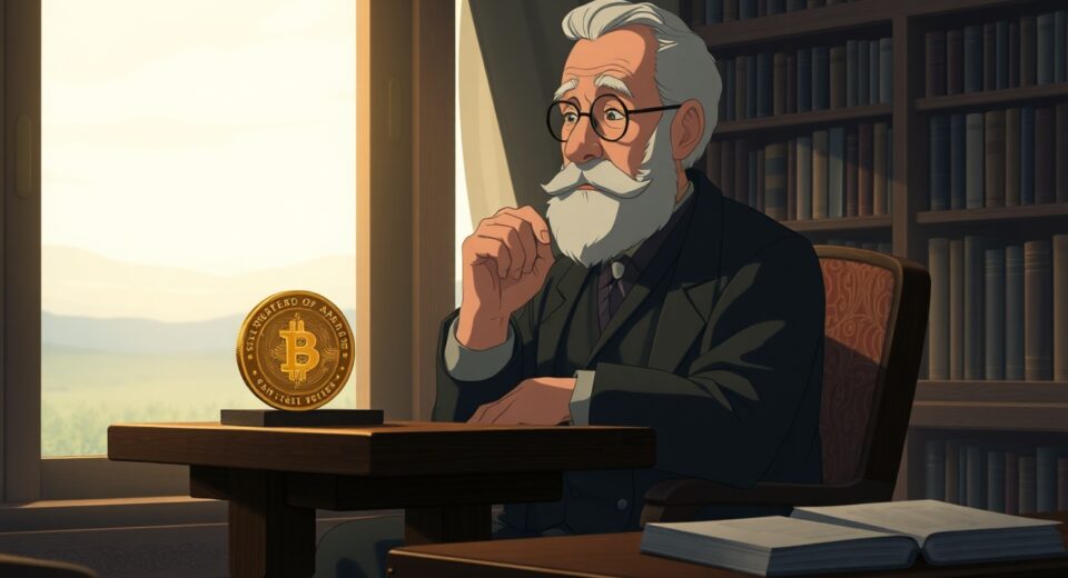 Conceptual art of Bitcoin's potential future as a digital collectible, not a currency.