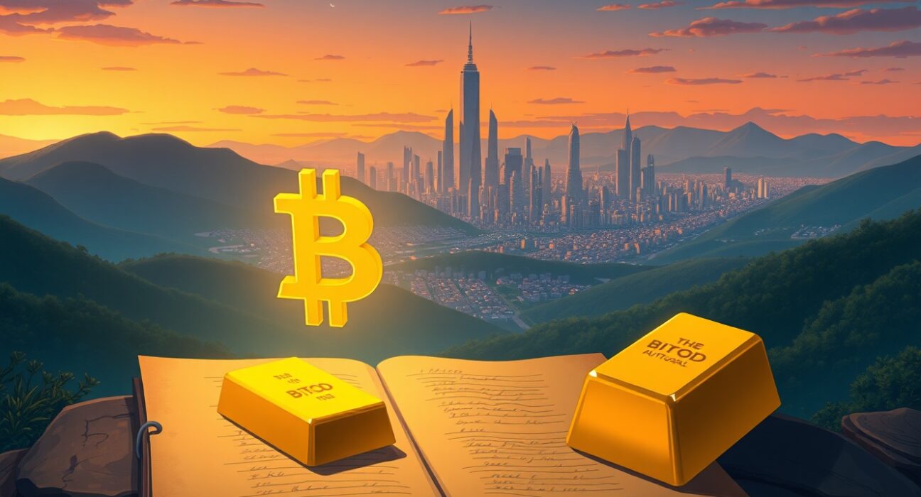 Conceptual illustration of Bitcoin's potential future alongside gold as a store of value for central banks.