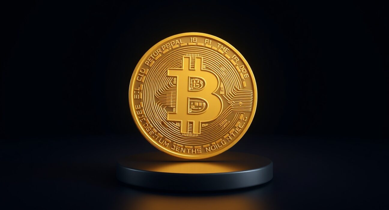 Bitcoin price prediction: Bitcoin coin glowing on dark background, representing potential $80,000 target.