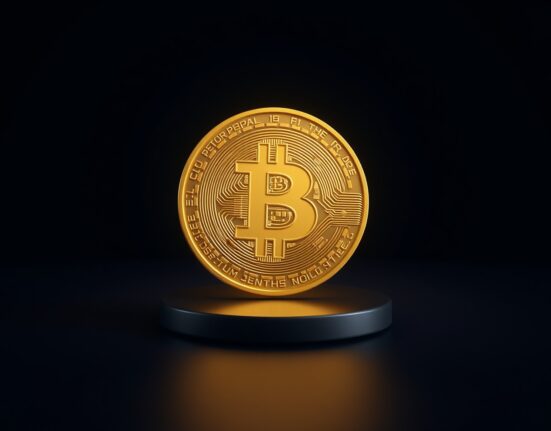 Bitcoin price prediction: Bitcoin coin glowing on dark background, representing potential $80,000 target.