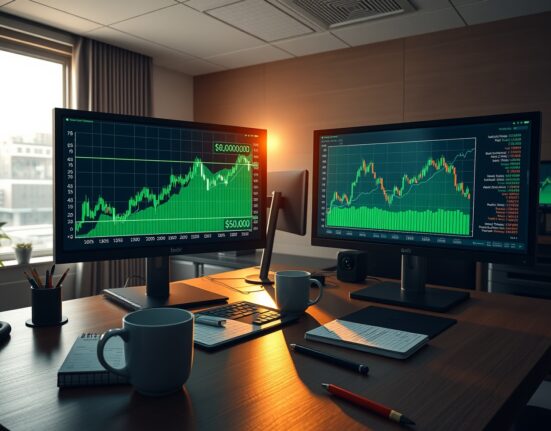 Professional trading desk analyzing Bitcoin price charts targeting $80,000 recovery in cryptocurrency market