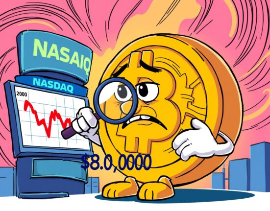 A cartoon Bitcoin character analyzing a sharp price drop prediction amid a volatile market.