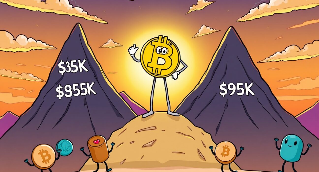 A vibrant cartoon illustration showing Bitcoin confidently positioned between $85K and $95K price targets with altcoins celebrating nearby.