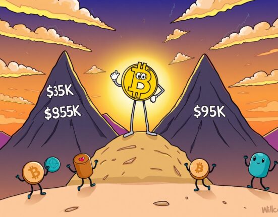 A vibrant cartoon illustration showing Bitcoin confidently positioned between $85K and $95K price targets with altcoins celebrating nearby.