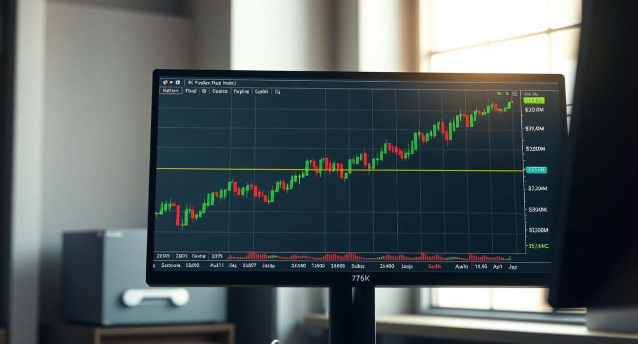 Bitcoin price chart breaking through $76K resistance level on trading terminal analysis screen
