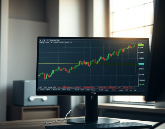 Bitcoin price chart breaking through $76K resistance level on trading terminal analysis screen