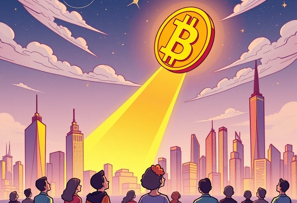 A vibrant cartoon illustrating the ambitious Bitcoin price prediction of $1.3 million by 2035, showing growth and future potential.