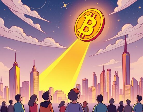 A cartoon illustration depicting a massive Bitcoin symbol rising above a futuristic city, symbolizing Bitwise's astounding Bitcoin price prediction for 2035.